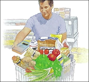 Man grocery shopping for food