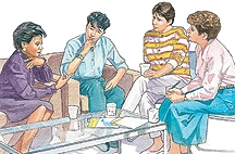 Two females (one Black, one white), two males (one asian) sharing in a support group.