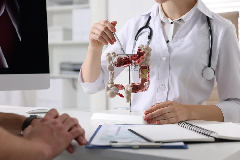 Gastroenterologist with anatomical model of large intestine consulting patient at table in clinic