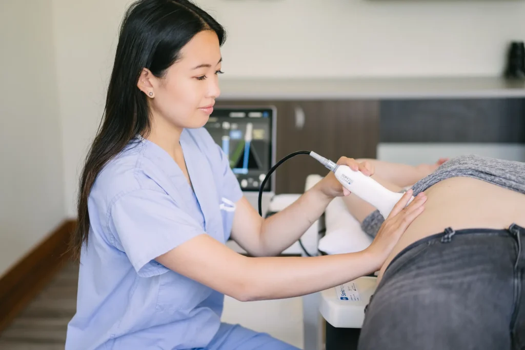 Patient undergoing Velacur scan for early diagnosis of fatty liver disease